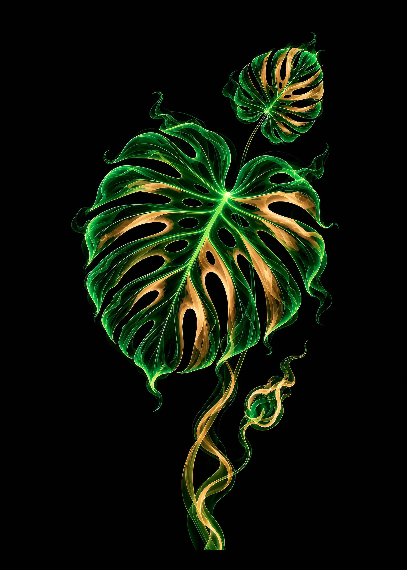 Feuille de Monstera verte et or en fumée sur fond noir - Kek-Ina